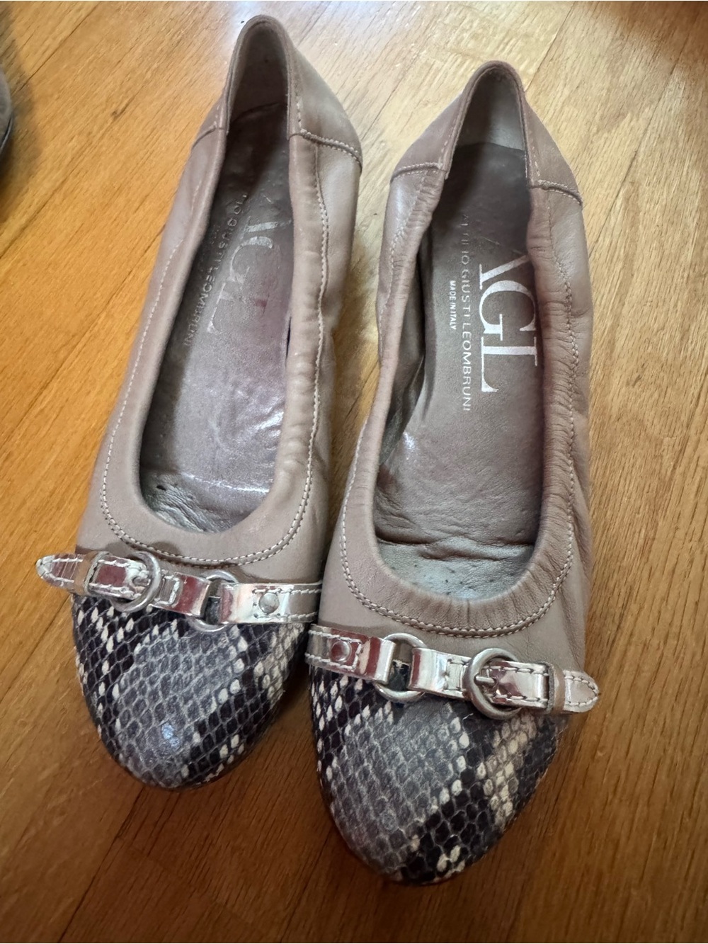 AGL Taupe Leather Ballet Flats with Snakeskin-Pattern Toe and Silver Buckle